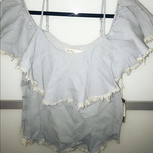 Denim frayed off the shoulder top